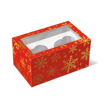 Коробка с окном под 2 капкейка Снежинки на красном, 160х100х80 мм — изображение 3